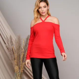 Camiseta Feminina Manga Longa Ombro a Ombro Liso - Cinza