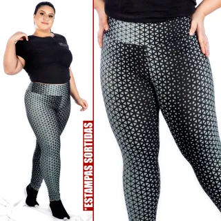 Promoção Kit 03 Calças Leggings Feminina PlusSize - Lisa, Mescla e Estampado - 1 PRETA+ 1 MESCLA+ 1 ESTAMPADO