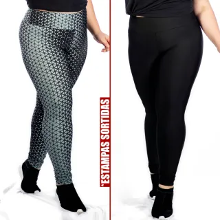 Promoção Kit 03 Calças Leggings Feminina PlusSize - Lisa, Mescla e Estampado - 1 PRETA+ 1 MESCLA+ 1 ESTAMPADO