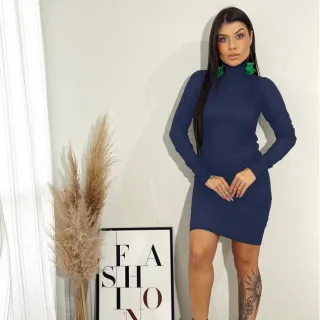 Vestido Curto Inverno Gola Alta Manga Longa Pied Poule Xadrez Colorido Preto Liso Canelado - Xadrez Bege