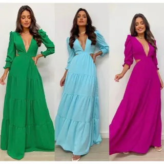 Lançamento Vestido Longo Feminino Manga Longa Decote Profundo Casamento - Roxo