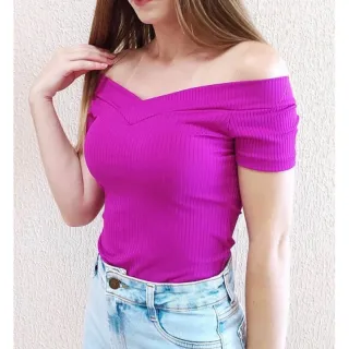 Moda Super Envio !! Blusa Feminina Canelada Manga Curta Ombro Básica - 0025 - Vinho