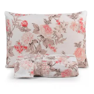 Cama Box Casal King Size Jogo Lençol 3 Peças Tecido 200 Fios - Floral Verde