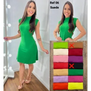 Moda evangélica social: vestido midi sem mangas em suede, cores elegantes (EF) - Azul Céu