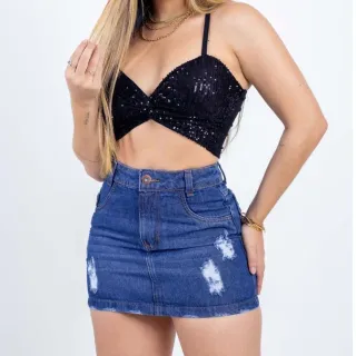 Saia Lisa Preta Jeans Cintura Alta com Cinto - SAIA ZAN CLARA