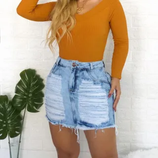 Cos alto saia jeans rasgadinha cintura alta - Ziper Clara