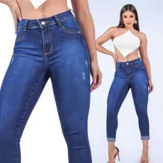 Promoção Calça Jeans Feminina Cintura Alta Empina Bumbum Com Lycra Elastano - Jeans escuro com puído