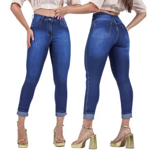 Promoção Calça Jeans Feminina Cintura Alta Empina Bumbum Com Lycra Elastano - Jeans escuro com puído