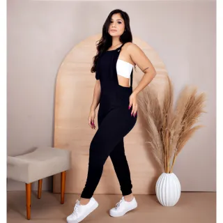 Macaquinho Feminino Jardineira Longa com Bolso Suspensório - Cinza