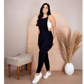 Macaquinho Feminino Jardineira Longa com Bolso Suspensório - Cinza