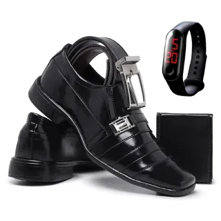 Conjunto Elegante de Sapato Social Masculino em Verniz com Relógio, Carteira e Cinto - VERNIZ