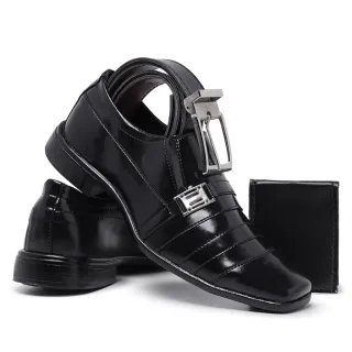 Conjunto Elegante de Sapato Social Masculino em Verniz com Relógio, Carteira e Cinto - VERNIZ