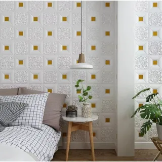 Aplique de Parede em Espuma Tijolo Auto Adesivo 3D - Placa Papel 70x77 cm - NF01  BRANCO C/ ESTRELAS