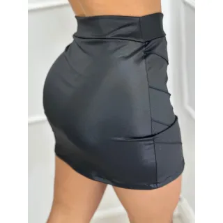 Cirre Ecológico Preta Saia Alta Frontal Zíper Couro Curta - Preto