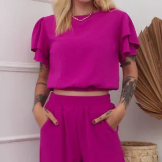 Cropped Manga Babados e Calça Jogger - Conjunto Duna - Terracota