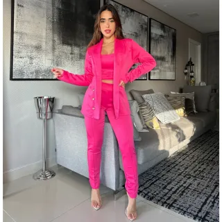 Calça Social Cintura Alta, Blazer Max Cropped e Alcinha - Conjunto 3 Peças - Preto-Xadrez