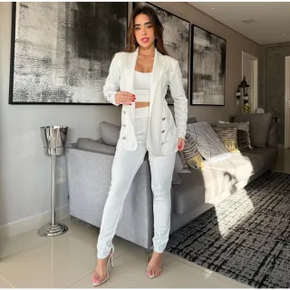 Calça Social Cintura Alta, Blazer Max Cropped e Alcinha - Conjunto 3 Peças - Preto-Xadrez