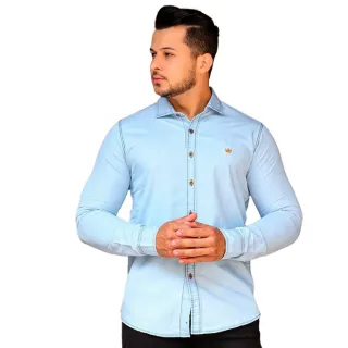 Camisa Manga Longa Jeans Claro Slim Fit Masculina Social