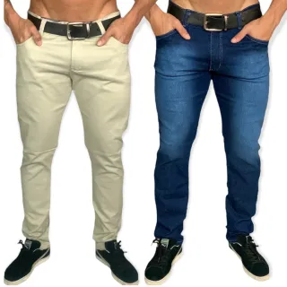 Calças Masculinas Slim Reto Basico Esporte Fino Social - Kit 2 Cores - jeans escuro e caramelo