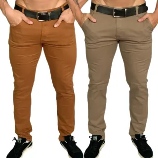 Calças Masculinas Slim Reto Basico Esporte Fino Social - Kit 2 Cores - jeans escuro e caramelo