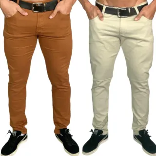Calças Masculinas Slim Reto Basico Esporte Fino Social - Kit 2 Cores - jeans escuro e caramelo