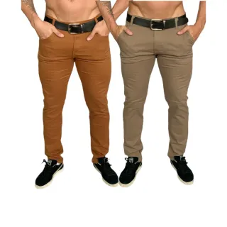 Calças Masculinas Slim Reto Basico Esporte Fino Social - Kit 2 Cores - jeans escuro e caramelo
