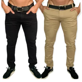 Calças Masculinas Slim Reto Basico Esporte Fino Social - Kit 2 Cores - jeans escuro e caramelo