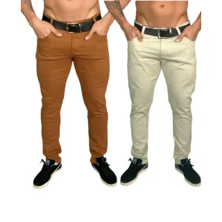 Calças Masculinas Slim Reto Basico Esporte Fino Social - Kit 2 Cores - jeans escuro e caramelo