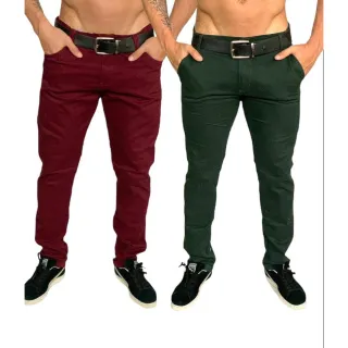 Calças Masculinas Slim Reto Basico Esporte Fino Social - Kit 2 Cores - jeans escuro e caramelo
