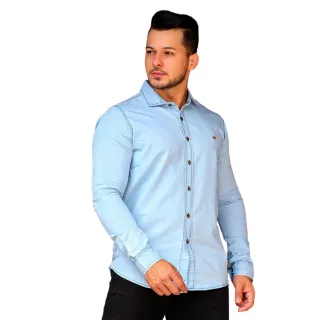 Camisa Manga Longa Jeans Claro Slim Fit Masculina Social - JEANS CLARO