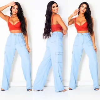 Wide Leg Feminina Calça Jeans Clara Alta Cintura Lycra ENVIO IMEDIATO - Calça Wide Leg Escura