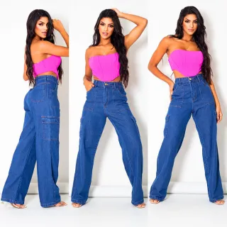 Wide Leg Feminina Calça Jeans Clara Alta Cintura Lycra ENVIO IMEDIATO - Calça Wide Leg Escura