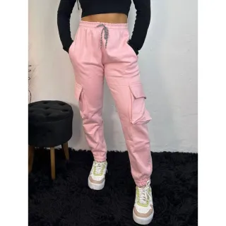 Calça Flanelada Feminina Jogger Cargo Cintura Alta Grossa com Bolso Lateral - Pink