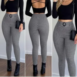 Cinto Estica Modela Calça Xadrez Feminina Cintura Alta Skinny - Branco