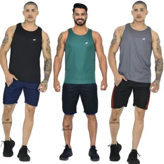 Kit Fitness Masculino: 3 Camisetas Regata Dry Fit Long Premium - 1 Marinho - 1 Verde - 1 Royal