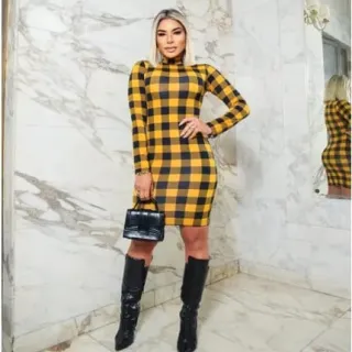 Vestido manga longa xadrez canelado moda evangélica - Xadrez Vermelho