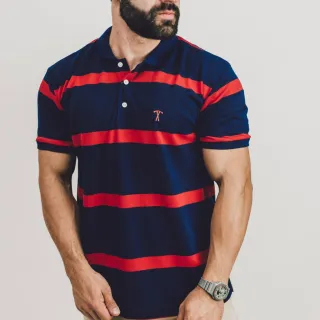 Chief Clothing - Camisa Masculina Malha Piquet Gola Polo, 4 cores disponíveis - Marinho com Vermelho