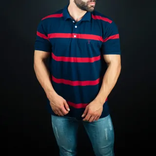 Chief Clothing - Camisa Masculina Malha Piquet Gola Polo, 4 cores disponíveis - Marinho com Vermelho