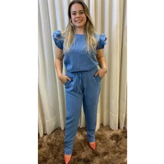 Promoção Imperdível: Conjunto Feminino Blusa Calça em Linho de Algodão com Babado na Manga - Rosa Pink