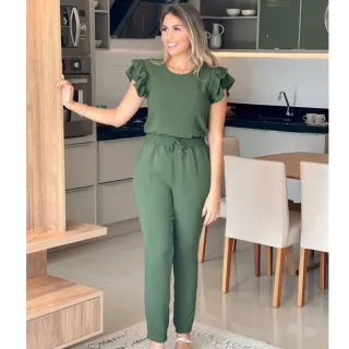 Promoção Imperdível: Conjunto Feminino Blusa Calça em Linho de Algodão com Babado na Manga - Rosa Pink