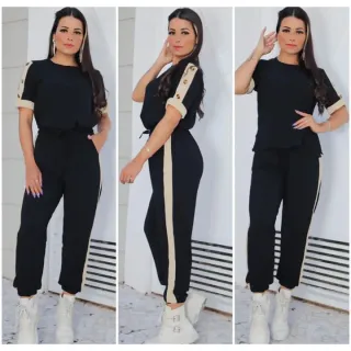 Calça Feminina com Bolsos e Blusa com Detalhe de Botão nas Mangas - Conjunto Duna - mostarda