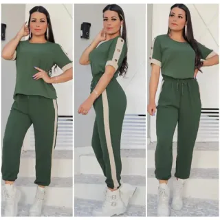 Calça Feminina com Bolsos e Blusa com Detalhe de Botão nas Mangas - Conjunto Duna - mostarda