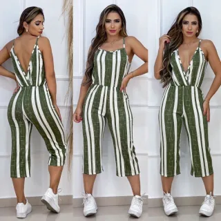 Moda Feminina Casual: Macacão Pantacourt Listrado com Alça Frente e Verso - Vermelho