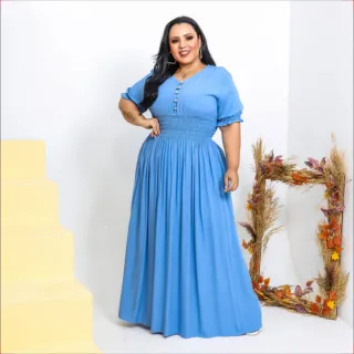 Vestido Feminino Longo Plus Size Verão, Confortável e Elegante - Raryel - Azul Bebê