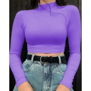 Lançamento: Blusinha Manga Longa Suplex Cropped Gola Alta Moda Outono Inverno - Vermelho