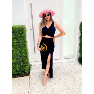 Lindo Conjunto Moda Feminina: Saia Longa Fenda e Cropped - Amarelo