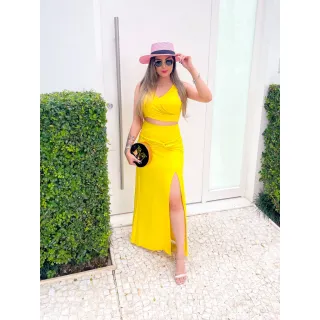 Lindo Conjunto Moda Feminina: Saia Longa Fenda e Cropped - Amarelo