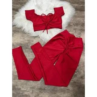 Calça Empina Bumbum + Top Ciganinha - Conjunto Fitness Karyne - Caveira vermelha