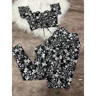 Calça Empina Bumbum + Top Ciganinha - Conjunto Fitness Karyne - Caveira vermelha