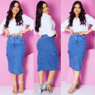 Moda Evangélica: Saia Jeans Longa Confortável, Cintura Alta com Botão - A